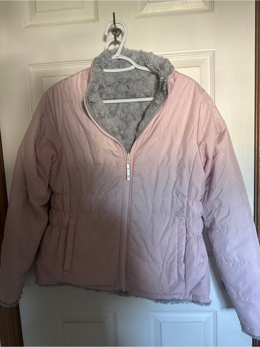 Girls Light Pink Puffer Jacket with Gray Faux Fur Lining size 18